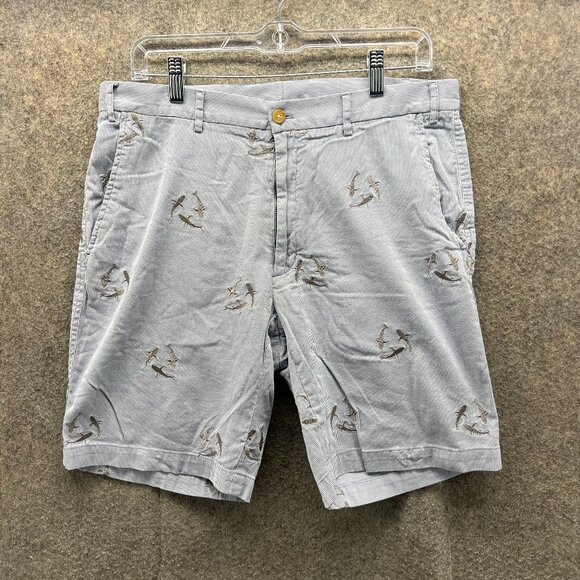 J McLaughlin Shorts Men 33 Blue Chino Flat Front Pinstripes Embroidered Dolphins - Picture 1 of 10